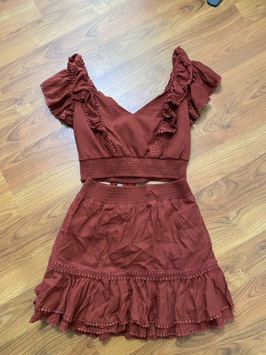 EXPRESS dunkelrotes Leinenmischung Crop Top und Pull-On Rock 2-teiliges Set Outfit Small - Bild 2 von 11