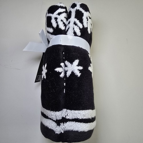 NUOVO TAHARI NERO CON FIOCCHI DI NEVE BIANCHI JACQUARD, ASCIUGAMANI COTONE 2 LATI - Foto 3 di 5