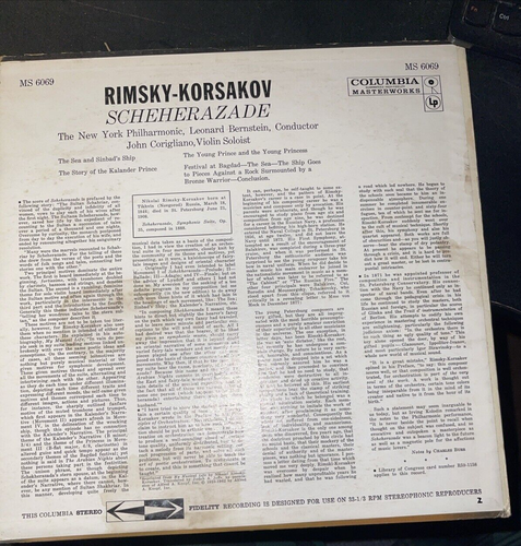 1959 Record Album LP LEONARD BERNSTEIN "Scheherazade" Rimsky Korsakov MS 6069 - Picture 2 of 4