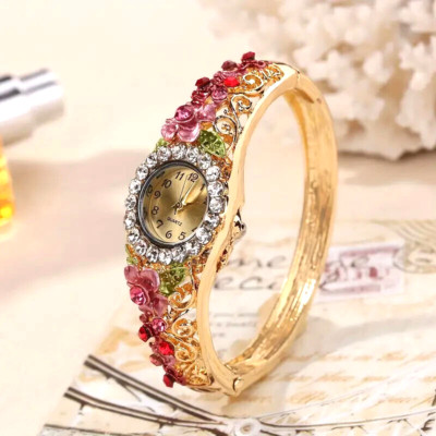 2Pc Women Vintage Baroque Watch Flower Quartz Bangle Wrist