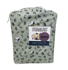 Peanuts Snoopy Queen Bed Sheets Set Woodstock Spring theme Floral Bees Green NWT