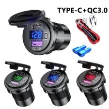 12V QC3.0 Dual USB Car Fast Charger Socket Power Outlet LED Voltmeter Waterproof