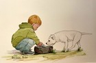 Staffordshire Bull Terrier Original Watercolor by Sandra Coen of a boy feeding