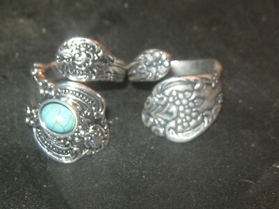 Lot Of 2 Vintage Style Adjustable Silver Turquoise Spoon Rings Sizes 6-10   
