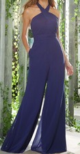 Nwt Mori Lee Madeline Gardner Halter Wide Leg Chiffon Jumpsuit Size 12 Sapphire
