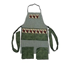 Homemade Christmas Apron w/ 2 Napkins Kitchen Hostess Green Gingham Santa Claus
