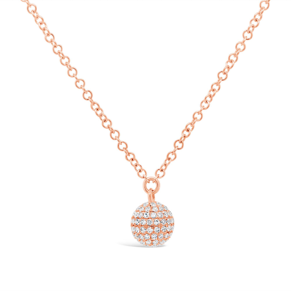 Diamond Pave Disco Ball Sphere Pendant 14K Rose Gold Necklace 0.18ct