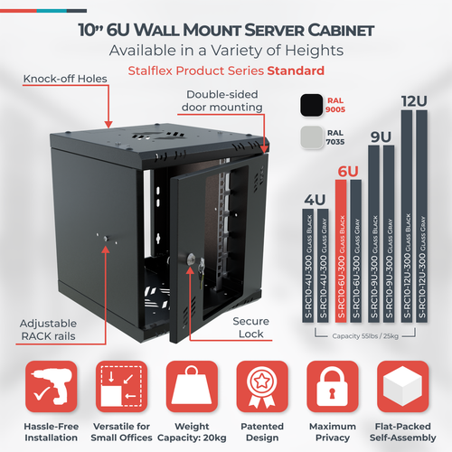 STALFLEX - 10" 4U 6U 9U 12U SOHO RACK Szafka Obudowa serwera Przełącznik CCTV LAN - Zdjęcie 32 z 95