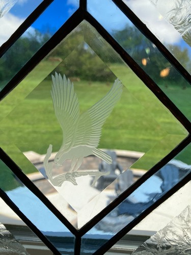 Vintage Stained Glass Etched Eagle Square Framed Window Hanging Blue Suncatcher - Picture 7 of 15
