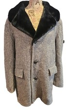 Fox Knapp Mens Wool Faux Fur Pea Coat Blue Grey Sz 44 Made in USA Winter Jacket