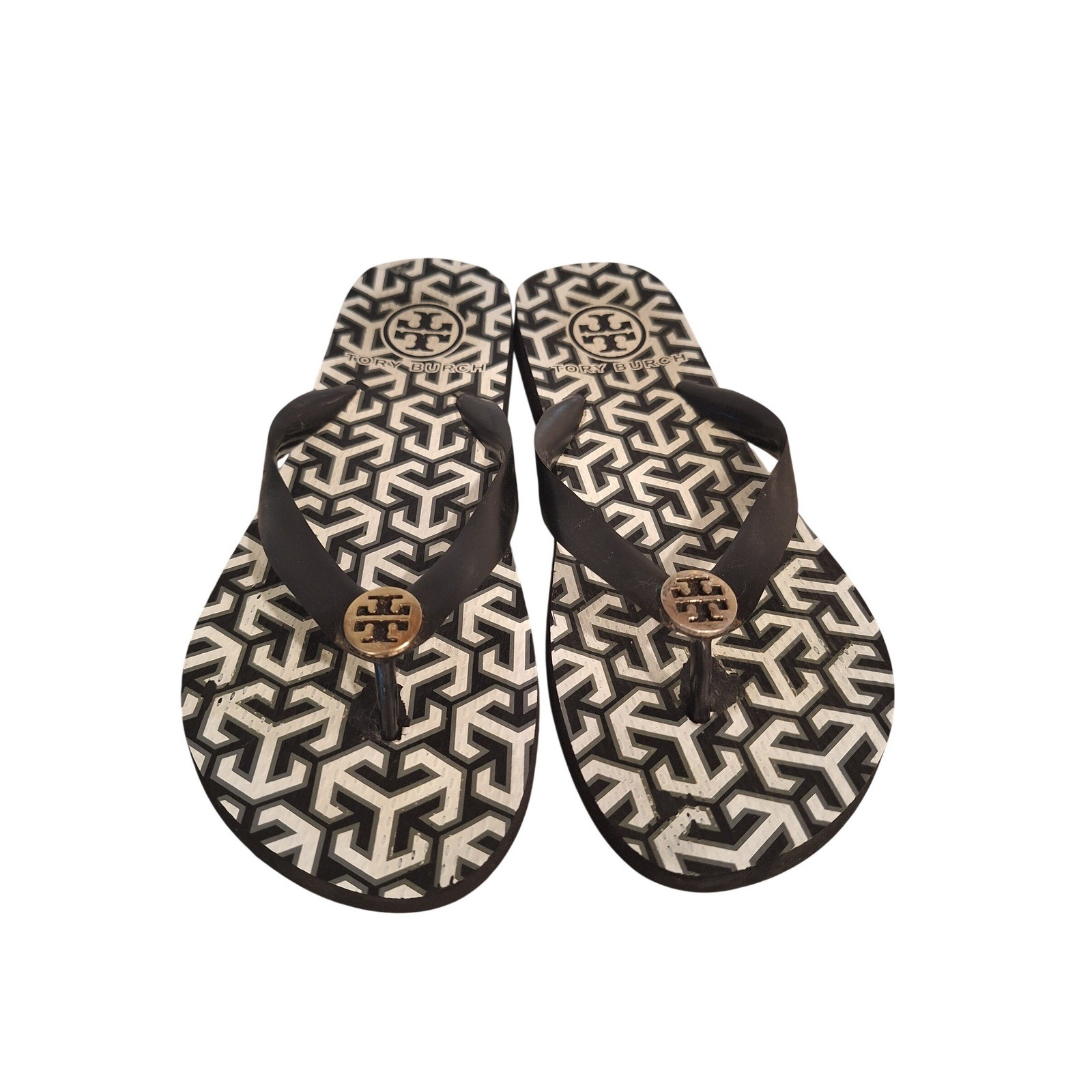 Tory Burch Flip Flops Sandals Size 9 Black White Chevron Logo Thong