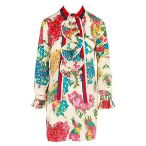 Petite robe en soie crêpe floral rayure toile décalée Gucci fabriquée en Italie
