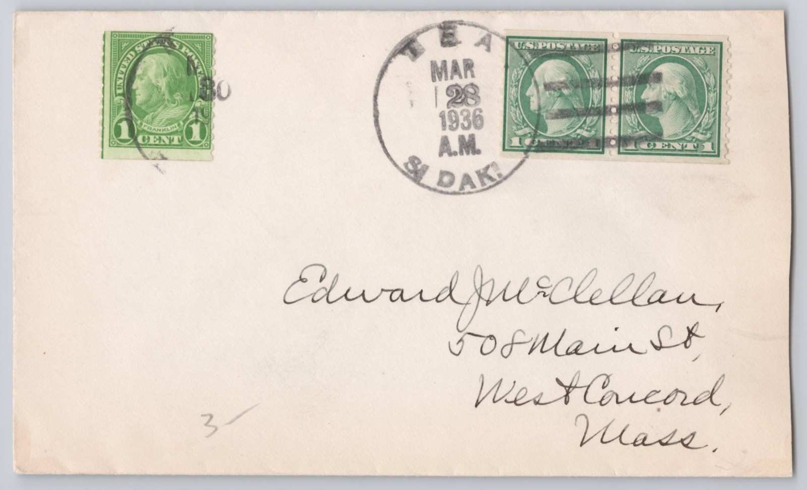 Mitchell, SD, Addressed Cover with Three 1c Washington Stamps 1936 1c