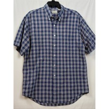 LL Bean Seersucker Short Sleeve Button Down Shirt Men's Size Medium Blue Plaid