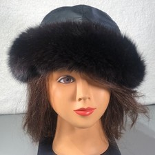 VTG 80s Black Leather Polar Fox Fur Winter Hat Women XL Canada Union Made