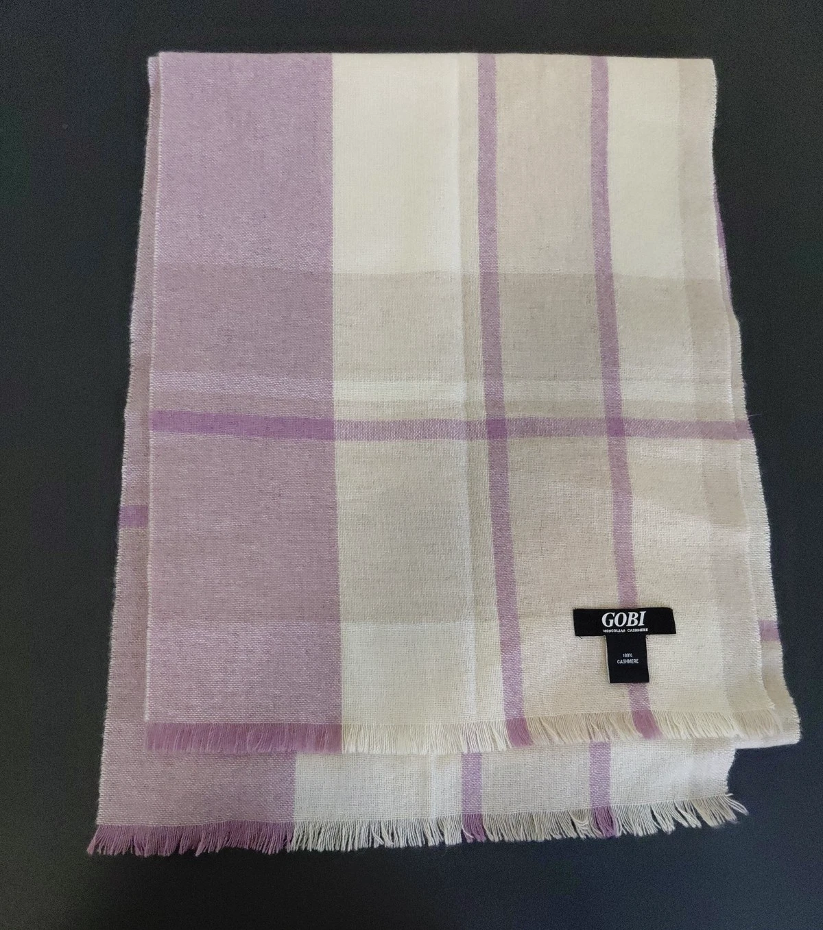 Gobi 100% Mongolian Cashmere Lilac Purple Scarf Fringe Edge Lightweight Plaid