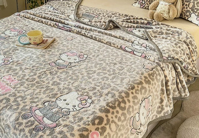 Hello Kitty Leopard Milk Velvet Blanket Jacquard Minky Knit King Throw Blanket