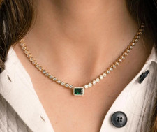 Lab Grown Emerald  Diamond Women's Tennis Necklace For Wedding Gift 14k Gold