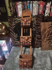 Triple wicker and wood basket,skinny tall design,country decor style look.