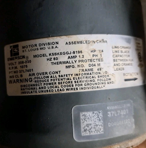 EMERSON K55HXGGJ-8196 Condenser Motor 37L7401 1/4HP 208/230V 1075RPM used