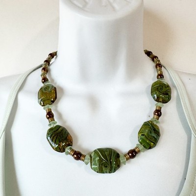 Artisan Made Olive Green Swirl Beads Statement Piece Wine Leaf Clasp