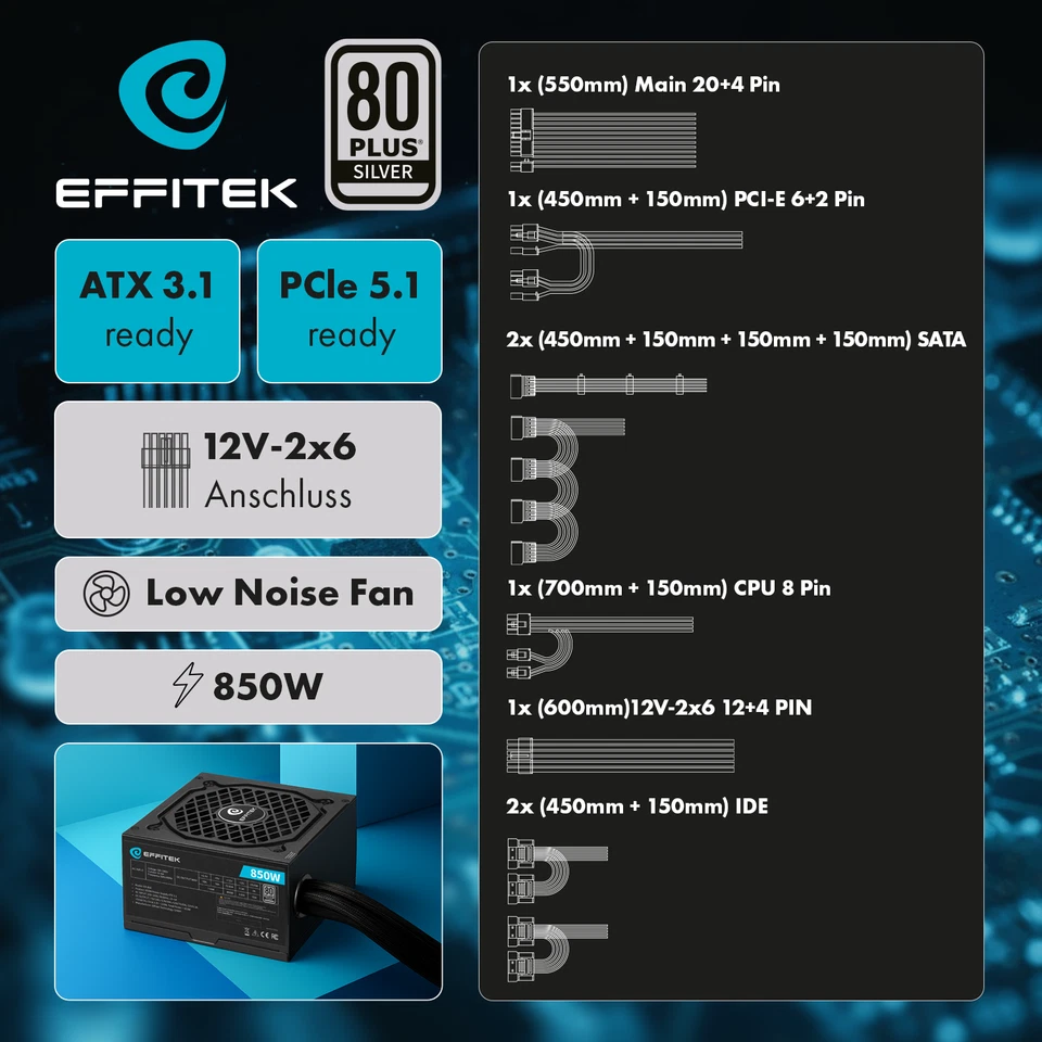 PC Netzteil 850Watt ATX 3.1 für PCIe 5.1 GPU Gamer Computer 80 Plus Silber - Bild 2 von 4