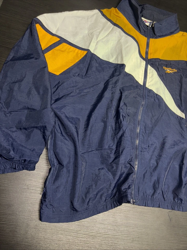 Chaqueta cortavientos de colección años 90 3XL Reebok para hombre de nailon cremallera completa azul/blanco/amarillo Foto 2 de 4