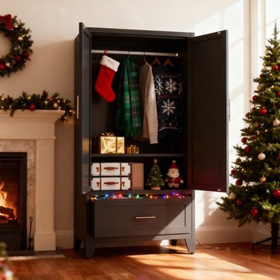 60'' Metal Wardrobe Closet Storage Cabinet with Drawer & Hanging Rod for Bedroom