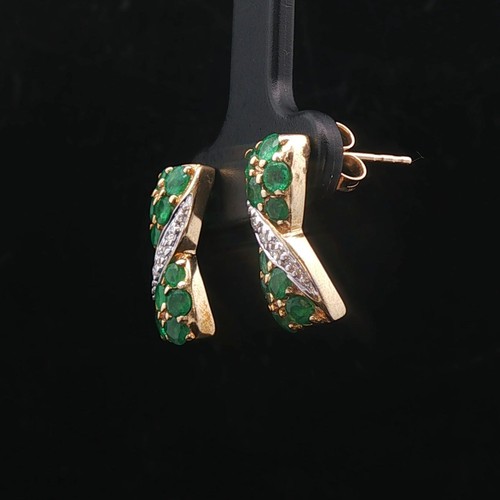 14k Yellow Gold Emerald and Diamond Ribbon Stud Earrings - Picture 5 of 10