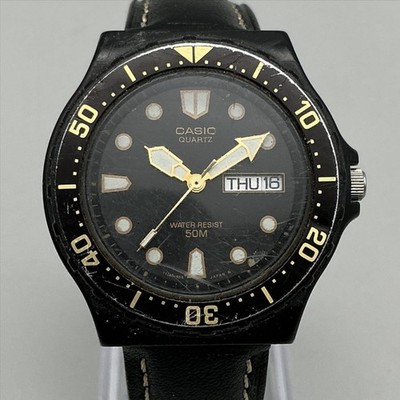 Casio MRW-81 Mens Watch 38mm Black Dial Day Date Black Leather Strap