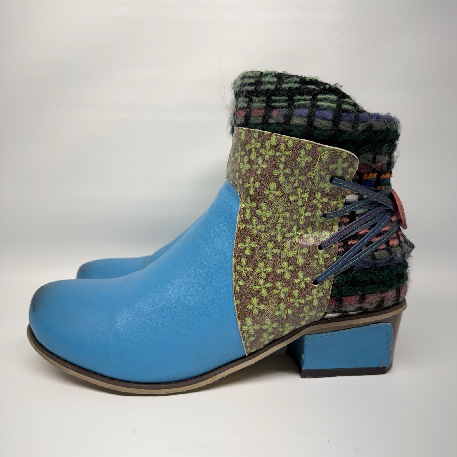 Boho Artisan Patchwork Ankle Boots Blue Leather W… - image 1