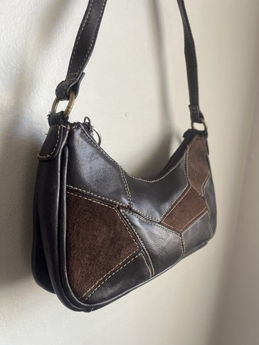 Vintage Y2K Brown Leather Patchwork Bag 90s Purse Mini Shoulder Bag Yo MTV Raps - Picture 7 of 14