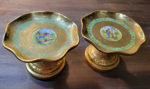 VTG Osborne China 22K Gold Hand Painted Colonial Couple Footed  Pedestal  2 LOT 