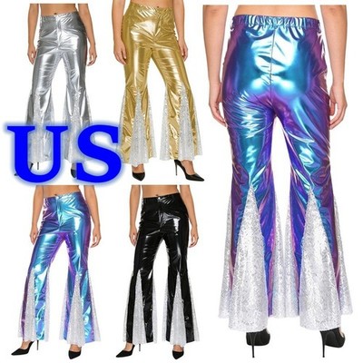 Women's Bell Bottom Pants 70s Disco Style Shiny Sequin Trim Club Party Trousers