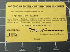1951-1952 Panama Canal Company Pass Issued to Captain Jens Nilsen No. 1645