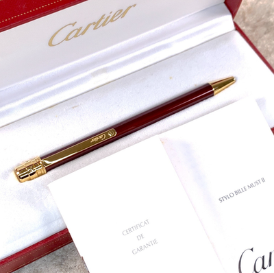 Cartier Ballpoint Pen Santos Bordeaux Lacquer 18k Gold Finish with