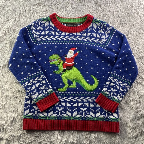 Blizzard Bay Christmas Sweater Youth Small Blue Santa Dinosaur Trex Ugly Xmas - Picture 2 of 8