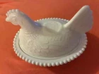 Vintage White Milk Glass Nesting Chicken on Egg Basket Candy Dish 5.5”