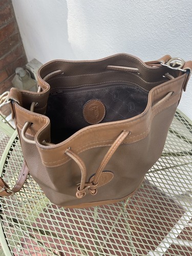 Trussardi Sac Bucket Brown Tan Leather Vinyl vintage Shoulder Bag Drawstrings - Picture 11 of 12