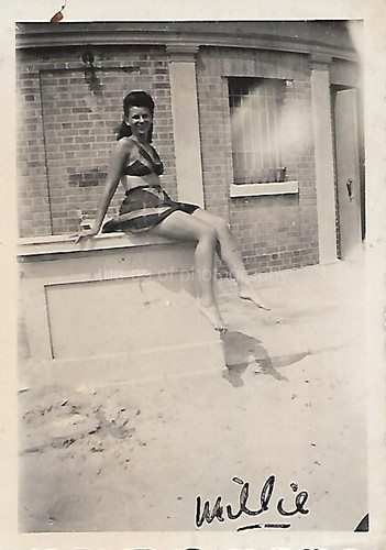 SMALL FOUND PHOTO Black And White Snapshot MILLIE AT THE BEACH Woman 27 64 T