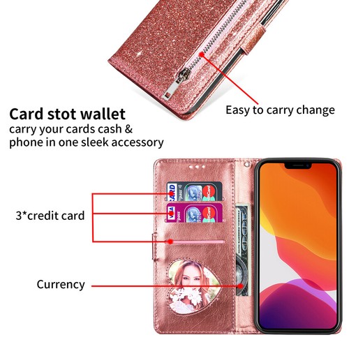 Glitter Wallet Case Zip Card Flip Cover for Samsung Galaxy S10e/S9+/S8+/S7 Edge - Picture 11 of 28