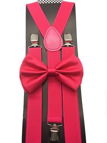 Hot Pink Clip on Bow-Tie & Suspender Set Tuxedo Wedding Formal Prom (USA Seller) - Picture 2 of 2
