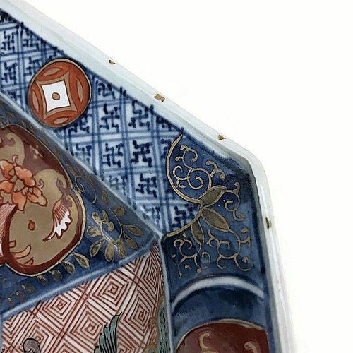 Antiker Arita Teller Fuki Choshun Japanisch Imari Meiji handbemalt Achteck 11 3/4 - Bild 5 von 10