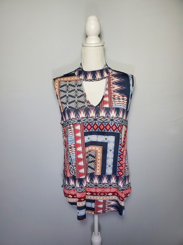 Cato Damen-Tanktop rot, blau & weiß Tribal-Druck hoher Schlüssellochausschnitt Medium