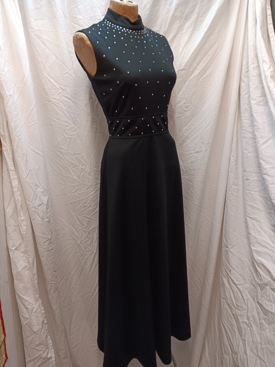 70's Black Poly Rhinestones Maxi Mod Cocktail Dress R&K Knits Size S