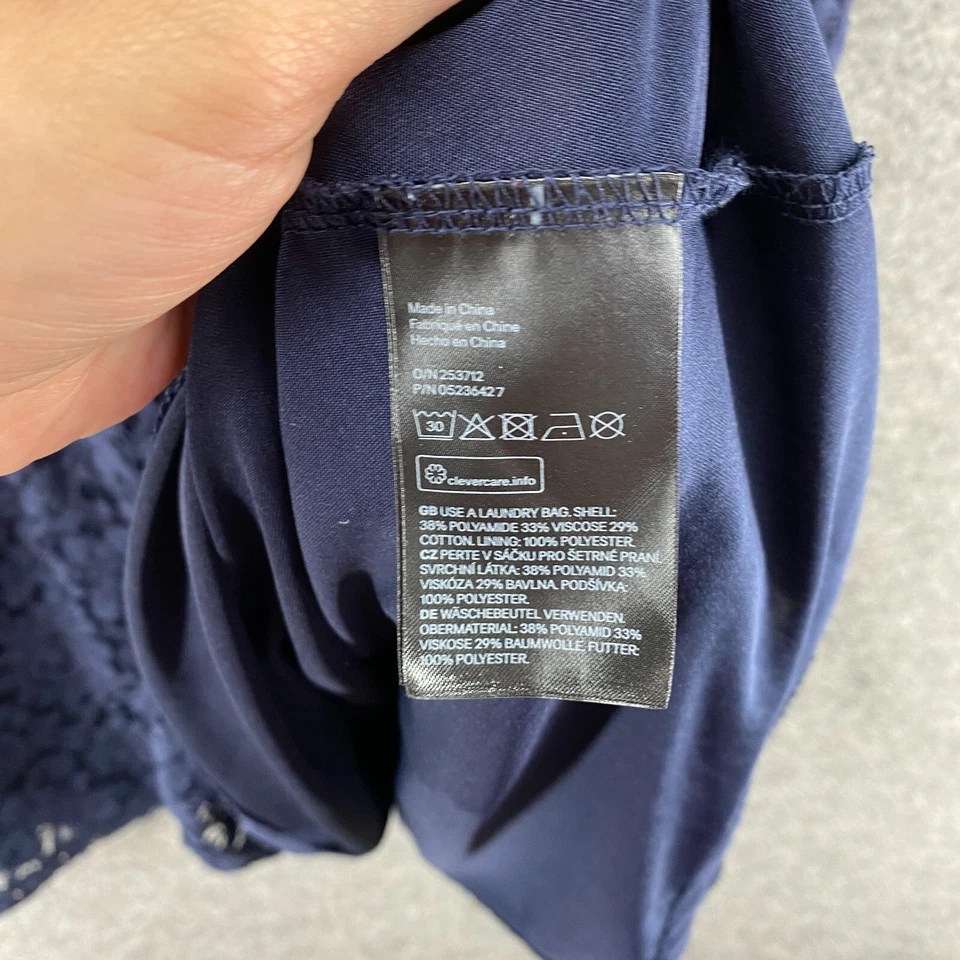 Vestido H&M Mujer M Medio Azul Floral Funda Midi Crochet Forrado Cremallera Cuello en V Foto 4 de 4