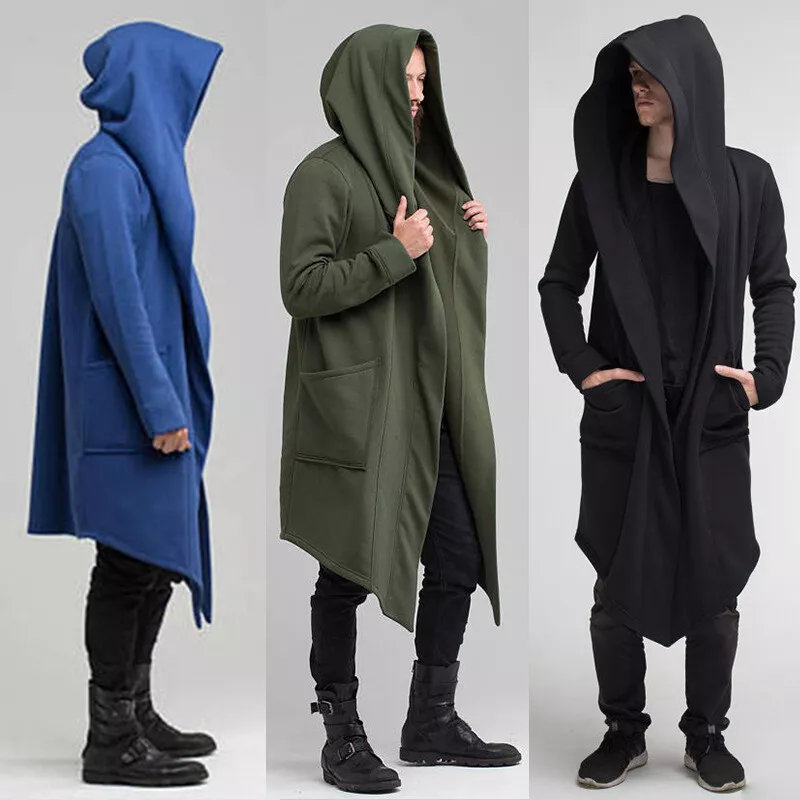 Mens Solid Hoodie Long Jacket Cardigan Casual Trench Cloak Cape Coat Outwear