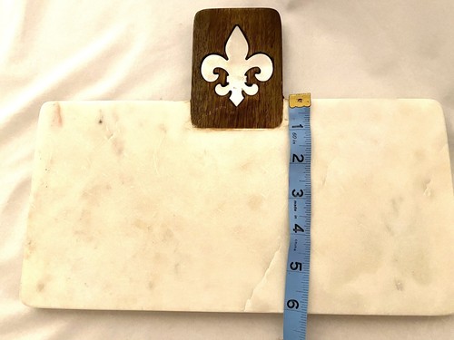 Fleur De Lis White Marble Wood Handle Cutting Board Server W Spreader 12Inx6In - Picture 5 of 6