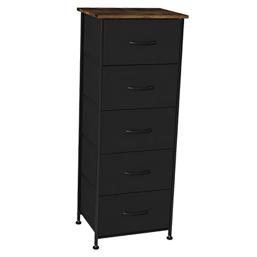 Vertical Dresser Storage Tower with 5 Drawers Fabric Black/Rustic Brown