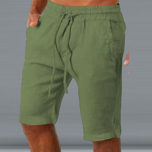 Mens Cotton Linen Chino Cargo Shorts Elasticated Drawstring Casual Half Pants - Picture 20 of 24